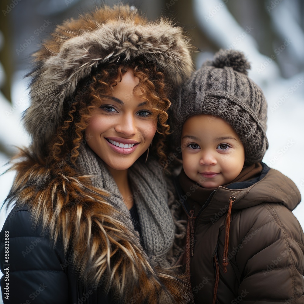 a radiant mother with curly hair and a fur-trimmed hood, holding her child who is wearing a knit hat, both with content smiles in a snowy setting. a radiant mother with curly hair and a fur-trimmed hood, holding her child who is wearing a knit hat, both with content smiles in a snowy setting.