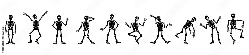 Set of many dancing skeletons on white background