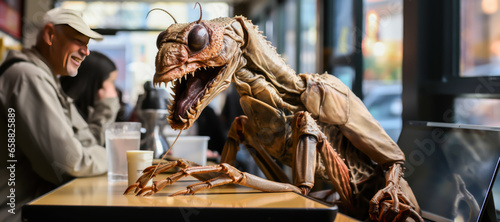 Obraz na plátně a giant mutant insect is sitting in a coffee shop drinking coffee normally,, ani