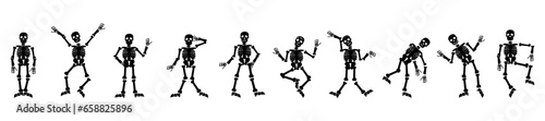 Fototapeta Naklejka Na Ścianę i Meble -  Set of many dancing skeletons on white background