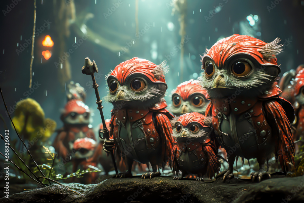 an army of owls are ready for war, animals of the future
