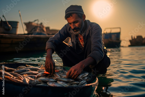 Proud Fisherman's Display. In an Arabian Fishing Village, a Traditional Fisherman Exhibits His Haul.

 photo