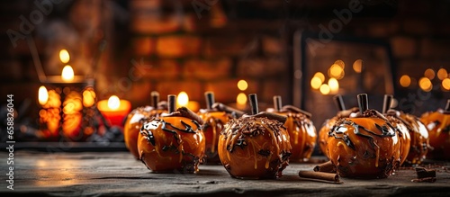 Homemade Halloween candy apples in orange With copyspace for text photo