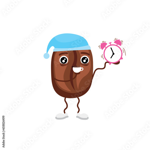 Coffee bean with alarm clock and cup on white background