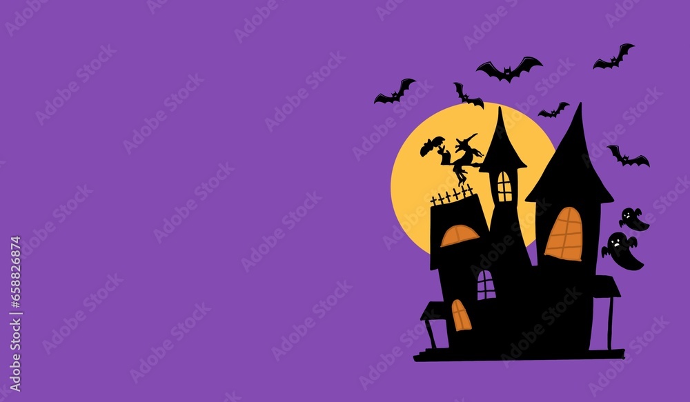 Spooky Halloween background with haunted house and witch