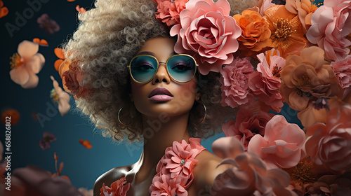 Woman with flowers and sunglasses inside a flower bouquet.