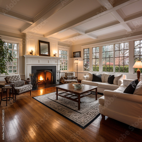 Luxurious Dwelling Harmony  A Glimpse into an Elegant Living Room with Lustrous Hardwood Floors and a Cozy  Inviting Fireplace