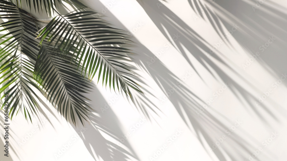 Palm tree branches / fronds and its shadows on a white sunlit wall