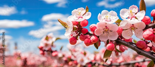Blooming pluot trees With copyspace for text photo
