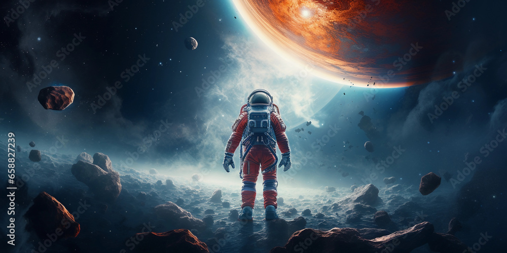 Astronaut on moon with helmet. Outer space travel - galaxy, stars and planets. - obrazy, fototapety, plakaty 