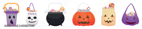 Set of Halloween bags and baskets with sweets on white background