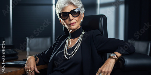 Success of stylish elderly businesswoman in black office. photo