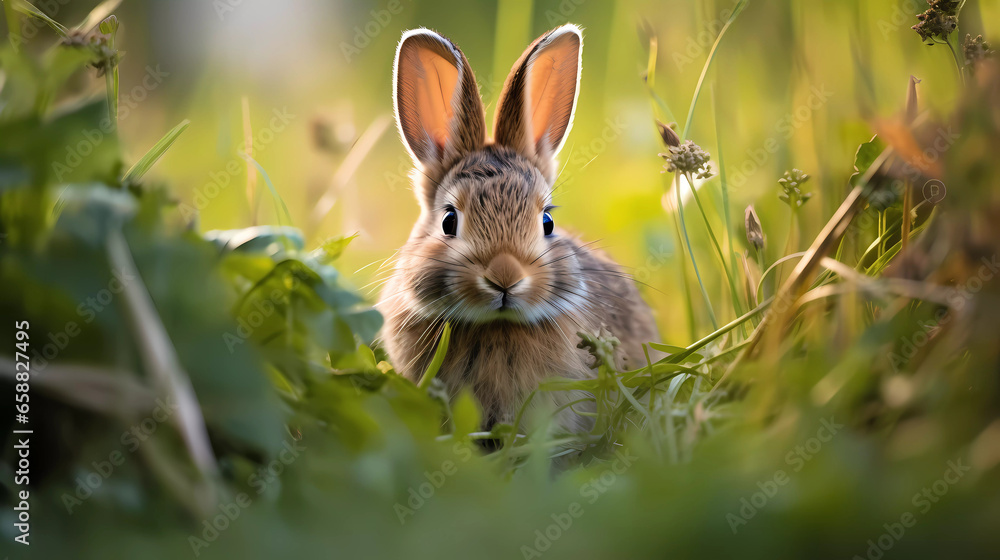 Fototapeta premium A rabbit is sitting in the grass and looking at the camera with a curious look on its face and ears by Generative ai