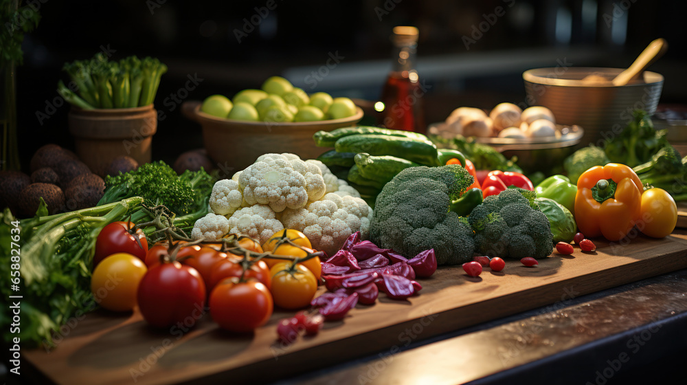 Fresh vegetables on a wooden table background, Organic food product. Generative AI