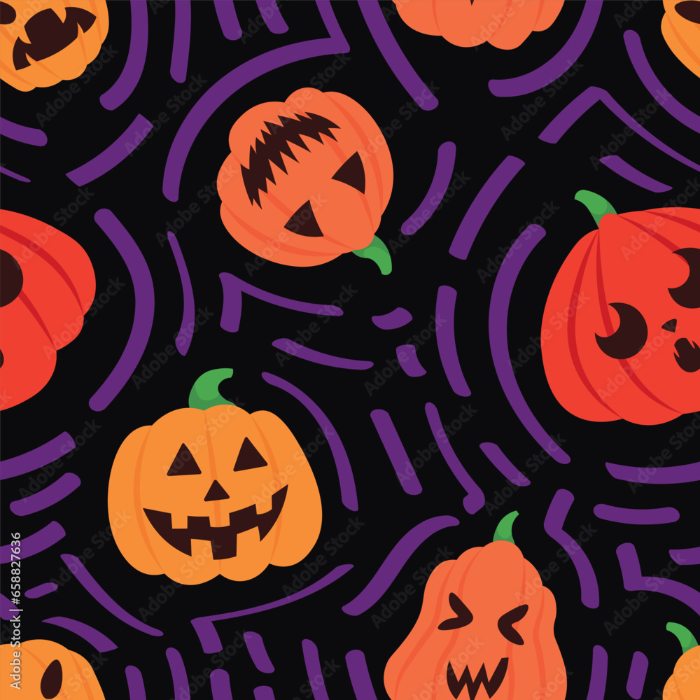Many scary Halloween pumpkins on black background. Pattern for design