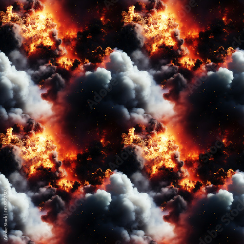 A blazing explosion with thick smoke, creating a dramatic and intense scene. Seamless repeatable background.