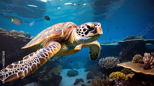 A turtle swimming over a coral reef in a blue ocean with fish swimming around it and a coral reef in the background by Generative ai