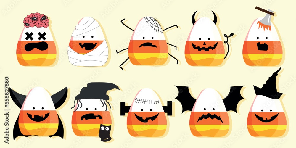 Set of creepy Halloween corn candies on light yellow background Set of creepy Halloween corn candies on light yellow background
