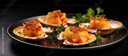 Fototapeta Naklejka Na Ścianę i Meble -  Scallops served as tapas in Barcelona restaurant With copyspace for text