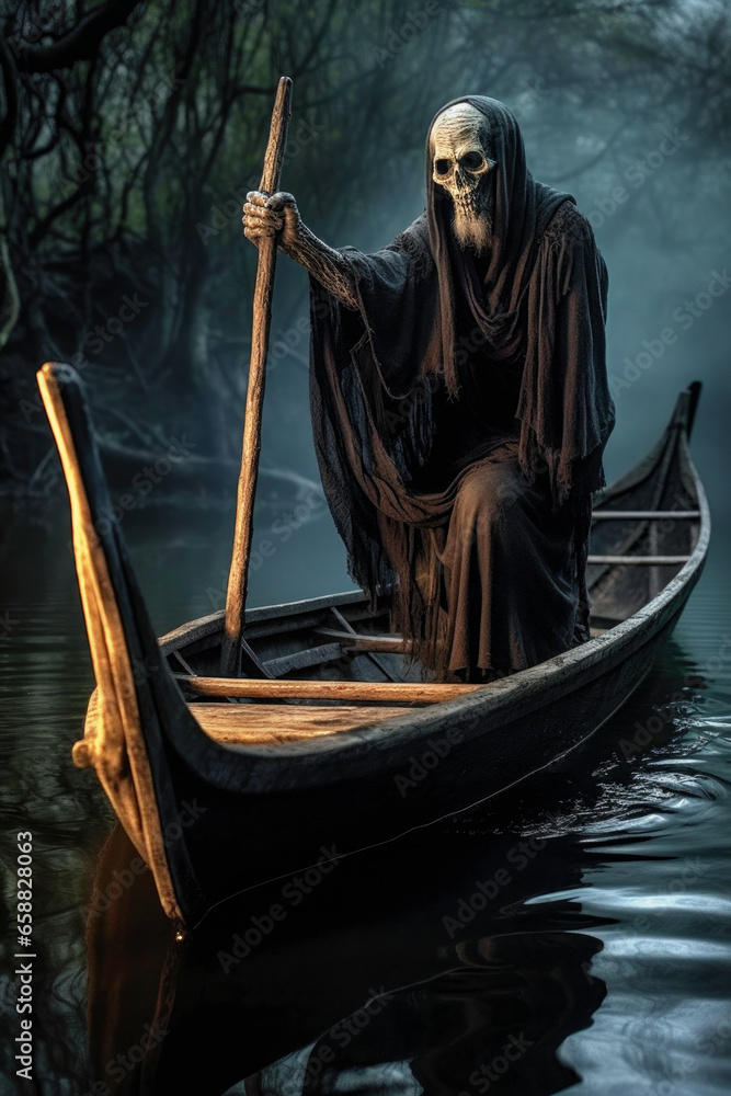 Ferryman charon on a boat bringing dead people across the river Styx (Generative AI)