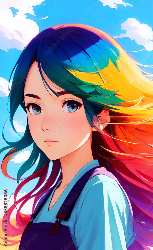 Fototapeta premium Anime girl waifu portrait in neon lights, veaporwave, synthwave, retro. girl with purple hair and neon lights.