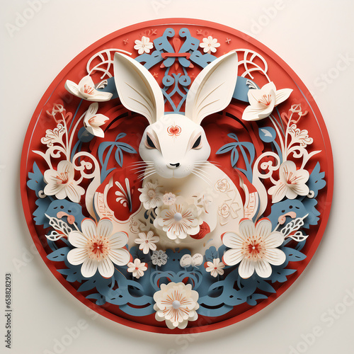 Lucky Rabbit Welcoming Chinese New Year 2024 - Vibrant Paper Cut Design