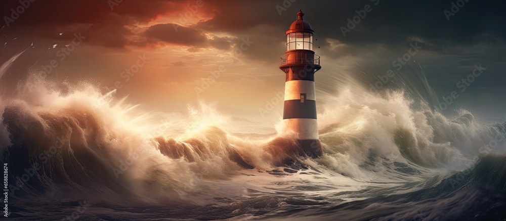 Lighthouse on seashore strong waves crash during storm mixed media digital art With copyspace for text