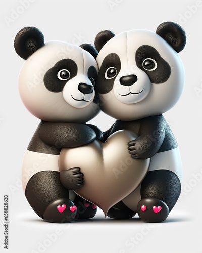 Two Cute Love Panda Teddy Bear with a Heart