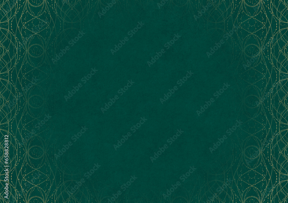 Dark cold green textured paper with vignette of golden hand-drawn pattern. Copy space. Digital artwork, A4. (pattern: p10-2c)
