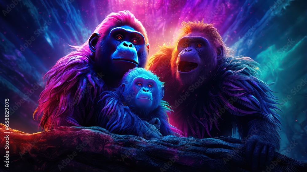 Illustration of Monkeys in Neon Colors Scheme