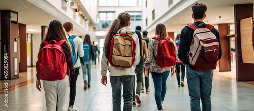High schoolers in hallway seen from behind With copyspace for text