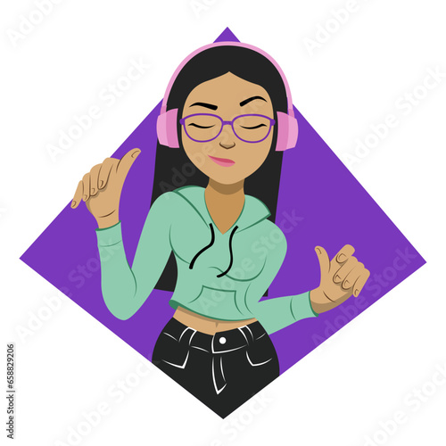 Vector de mujer adolescente escuchando música, linda chica bailando, mujer joven con audífonos, vector femenino sencillo 