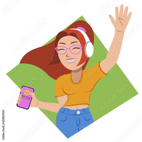 Vector de mujer adolescente escuchando música, linda chica bailando, mujer joven con audífonos, vector femenino sencillo 