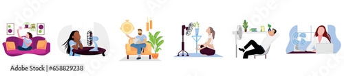 Group of people using electric fans on white background