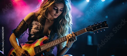 Woman guitarist rocking out on acoustic guitar under vibrant stage lights With copyspace for text