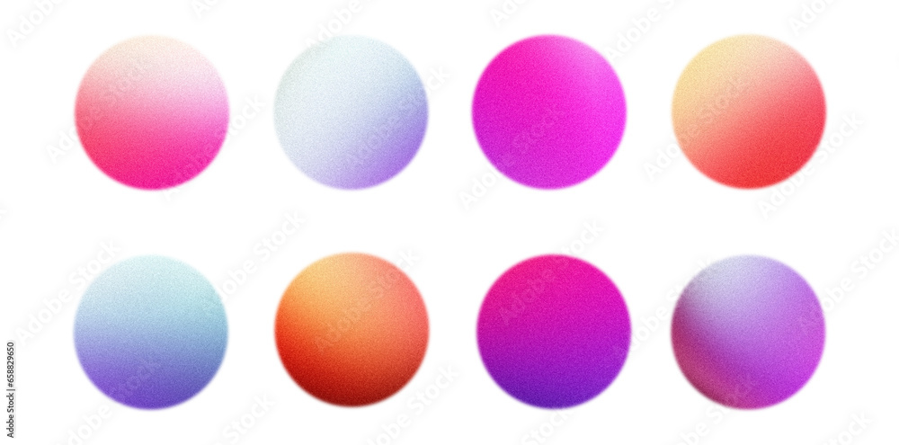 Grainy gradient circle set vibrant sphere pink magenta orange blue yellow purple abstract shapes isolated design elements - obrazy, fototapety, plakaty 