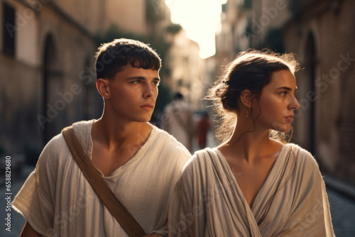 A young couple walking through the streets of ancient Rome (Generative AI)