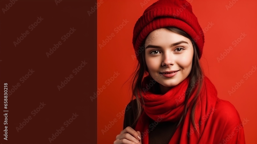 Autumn concept. Happy Woman with Red Scarf and Hat with Space for Copy on a Red Background. Autumn concept. Happy Woman with Red Scarf and Hat with Space for Copy on a Red Background.