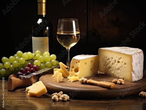 Cheese board with different varieties and glass of white wine. AI
