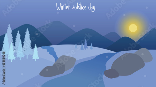 Banner with beautiful mountain landscape and text WINTER SOLSTICE DAY