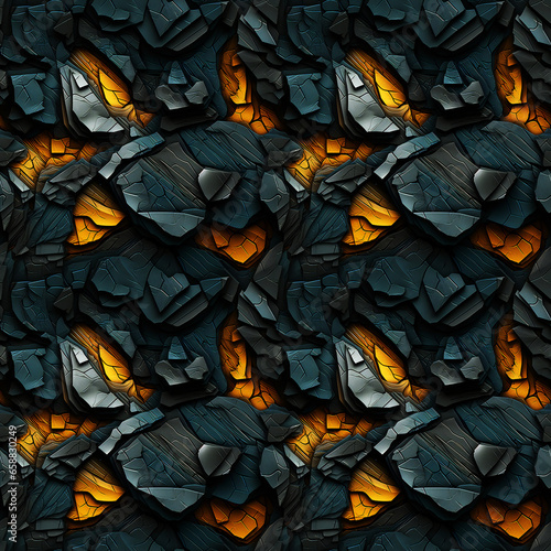 Cracked Grunge Gray and Orange Rocks. Seamless Repeatable Background.