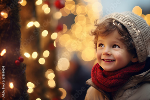 A smiling baby boy child at a Christmas market looking at christmas ornaments