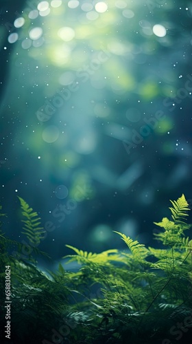 Blurred out jungle forest abstract background with lots of bokeh and a sunrays and room for text