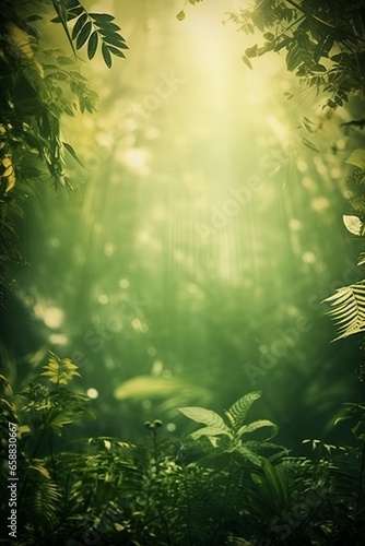 Blurred out jungle forest abstract background with lots of bokeh and a sunrays and room for text