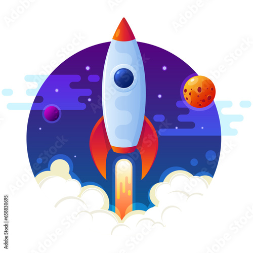 Rocket launch in the sky flying over clouds. Space ship in smoke clouds. Business concept. Start up template. Simple modern cartoon design. Flat style vector illustration.