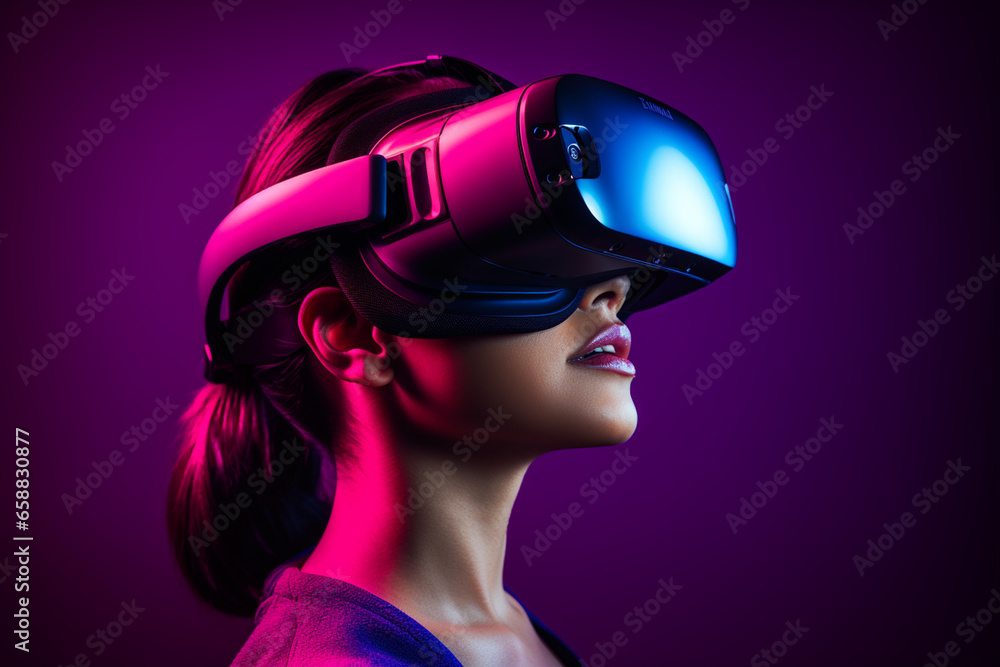 Give the concept of Virtual Reality in hot pink and MidnightBlue color shades, Give the concept of Virtual Reality in hot pink and MidnightBlue color shades,