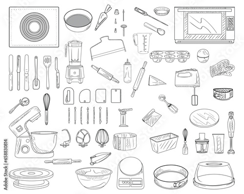Set of accessories and devices for baking on white background