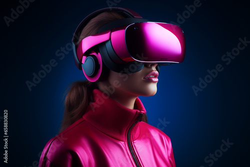 Give the concept of Virtual Reality in hot pink and MidnightBlue color shades, © Enrique