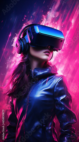 Give the concept of Virtual Reality in hot pink and MidnightBlue color shades,