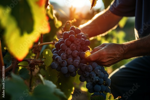 The hands of a winemaker or farmer picking delicious grapes during the harvest season. Background